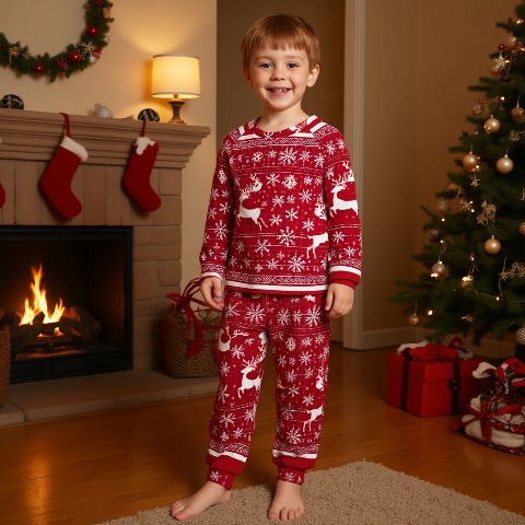 Child wearing red and white Christmas pajamas in a festive room with a fireplace and tree.